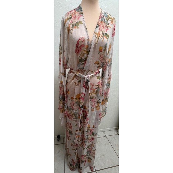 Aakaa Other - Aakaa Floral Maxi Robe Kimono Duster Bell Sleeve Pink Chiffon M Boho Coverup
